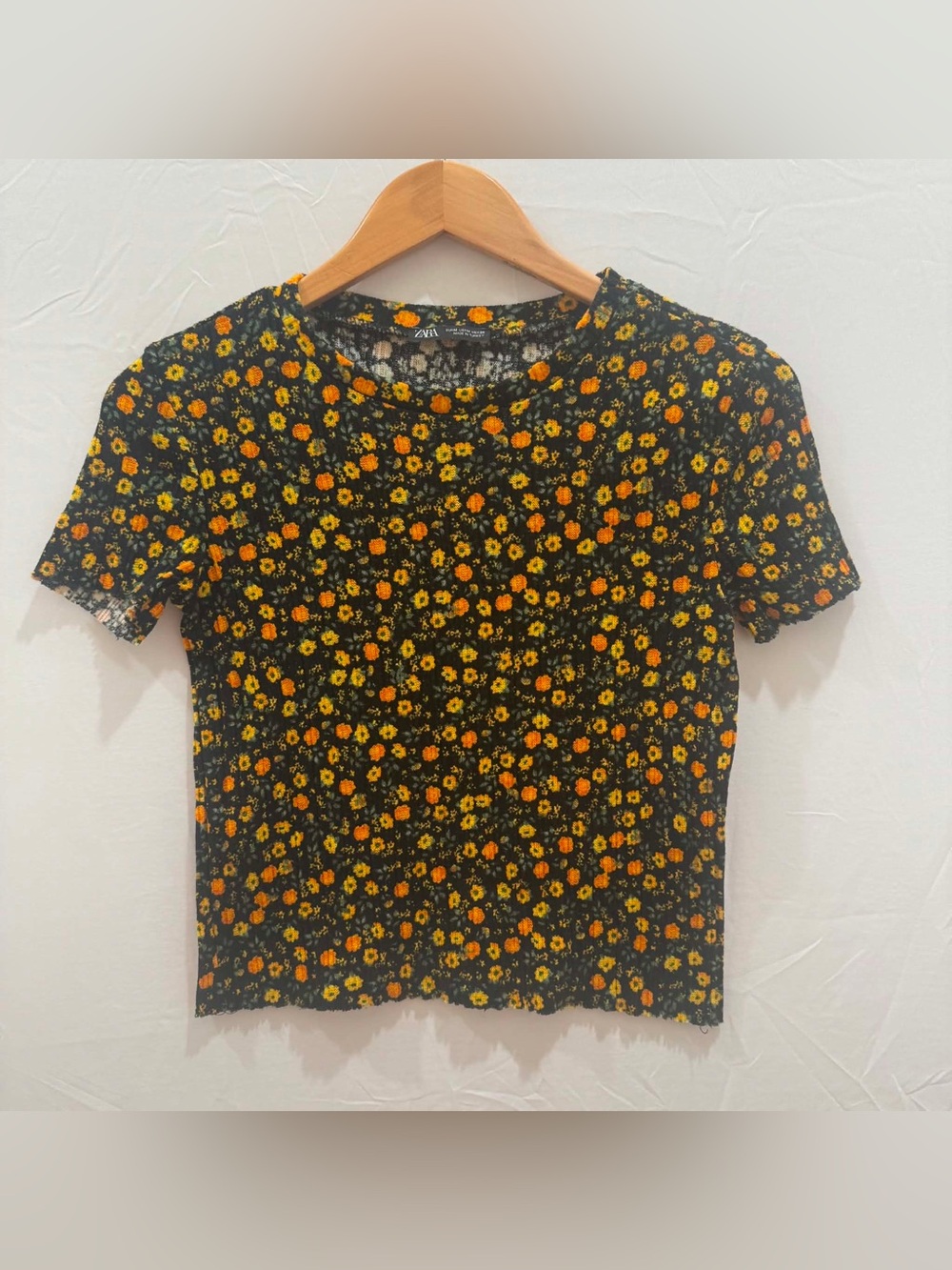 Zara Women's Black Crop Tee with Yellow & Orange Floral Print